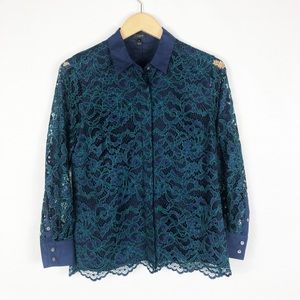 J. Crew Lace Collared Button Down Shirt | Blue Green | Size 8
